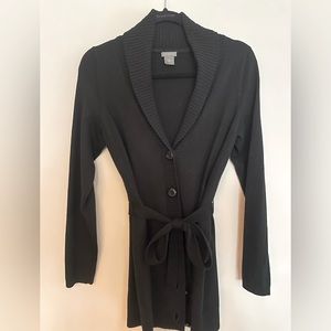 Black Ann Taylor long button-down tie sweater.